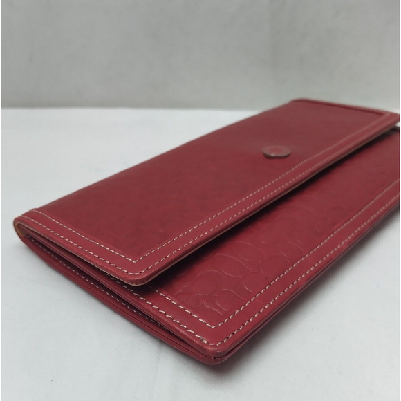 Coach Red Leather C Embossed Credit Card Bifold Envelope Long Wallet - Picture 7 of 13